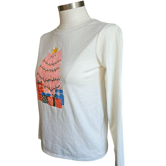 Girls Cat & Jack Holiday Cat Long-Sleeve Graphic Tee PJ Top Cream/Pink JJ4000 - Picture 4 of 7